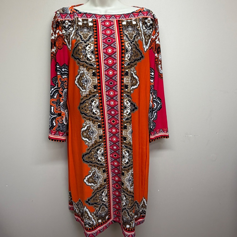 ECI New York Womens XL Orange Pink Paisley Geometric Shift Dress